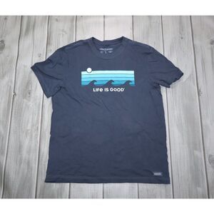 Life is Good Men's Retro Wave Stripe Crusher-FLEX Crew Blue T Shirt Sz Large